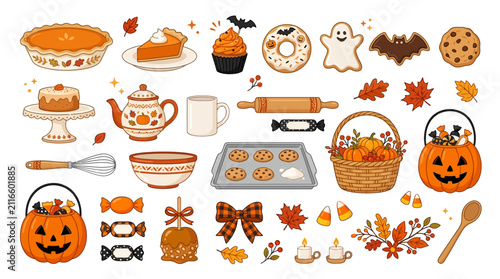 An assortment of autumn and Halloween-themed food items and baking supplies, including pies, cookies, donuts, a teapot, and decorative pumpkins, are presented on a clean white background.