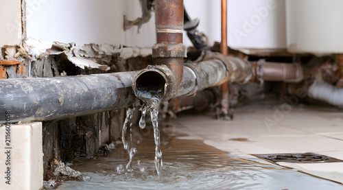 A leak in the sink drain pipe beneath the bathroom countertop is causing water damage