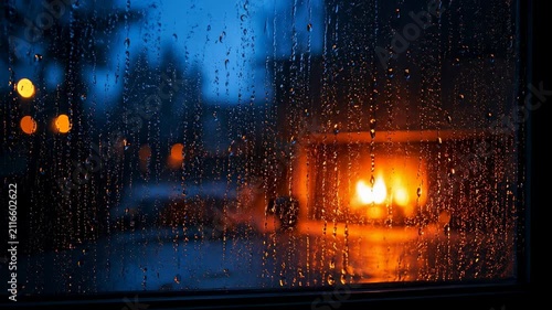 Raindrops on window blurring streetlights and warm indoor light reflection at dusk