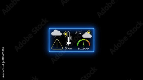 Digital weather forecast dashboard with blizzard warning and temperature gauge ui interface
