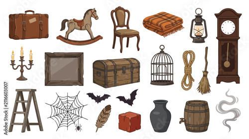 Vintage and antique objects are depicted in a stylized collection, featuring a suitcase, rocking horse, wooden chair, grandfather clock, and various historical household items.