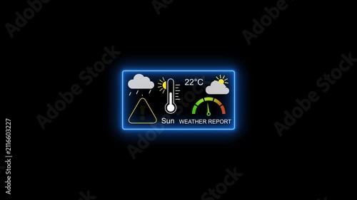 Digital weather report interface with neon glow, temperature gauge, and meteorological for broadcast