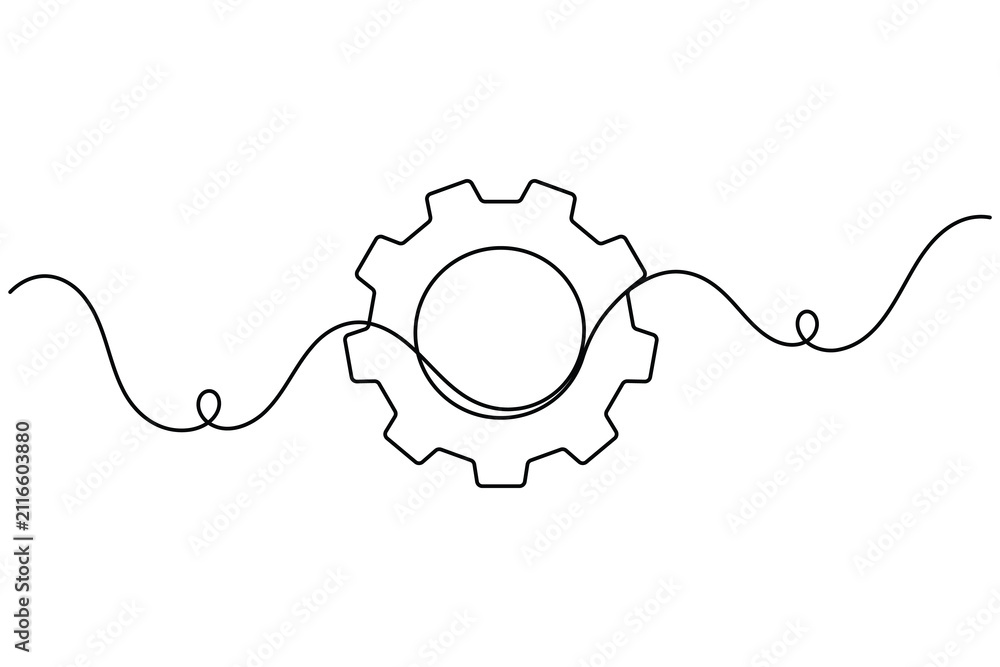 Obraz premium Engineering cog gear wheel icon sign continuous one line drawing on white background minimalist single art success business work symbol outline vector illustration