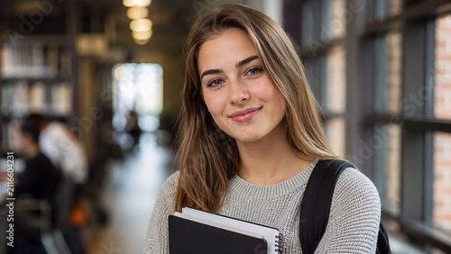 Young woman with books in a library a natural light portrait student female adult person textbooks indoor indoors education learning studying school university college literature