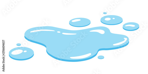 Water puddle vector illustration with liquid spill droplets. Cartoon blue aqua splash mark clipart, wet surface clean pure water drop element template.