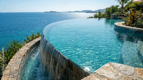 Scenic infinity pool overlooking tranquil ocean horizon with lush tropical surroundings