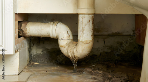 A bathroom sink drain pipe is leaking, causing water damage underneath the counter