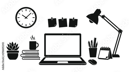 Fotografie Office Supplies Silhouette Collection On White Background