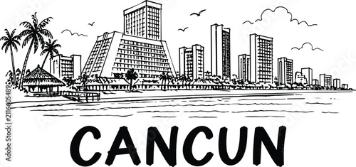 Bild auf Leinwand Cancun skyline drawing, tropical beach hotels and ocean coast view, seaside vaca