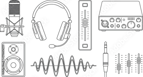 Professional audio equipment technical blueprint icon set featuring condenser microphone, studio headphones, speaker monitor, sound wave, interface, and mixer sliders