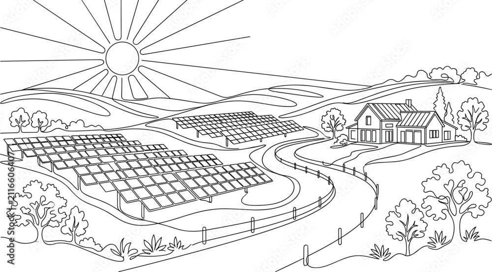Fototapeta premium Solar farm and rural house landscape line art vector illustration featuring photovoltaic panels shining sun and rolling hills