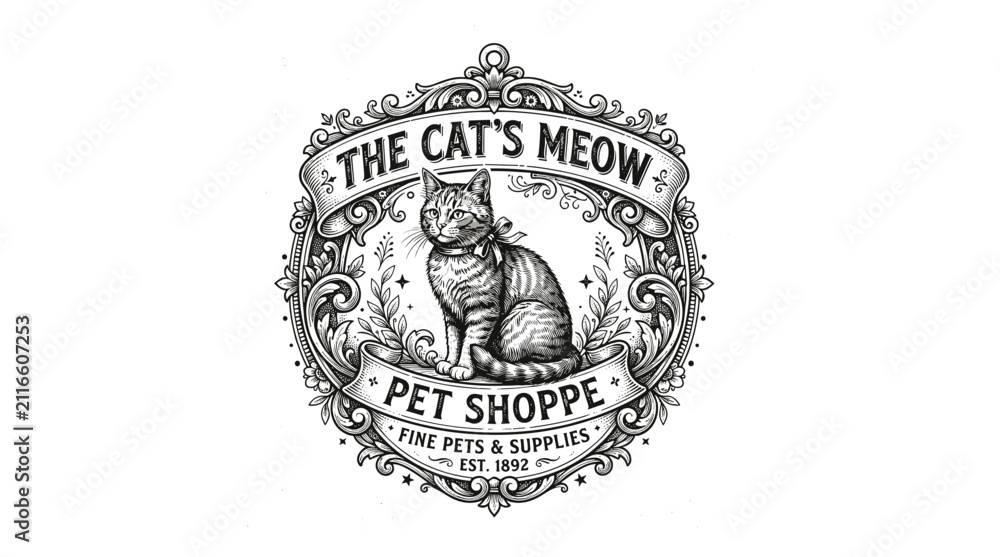 Fototapeta premium Cat Logo with Text the Cat's Meow Pet Shoppe Fine Pets and Supplies Est 1892 Featuring Vintage, Illustration