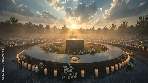 Peace Monument Surrounded By White Candles And Flowers In Morning Light