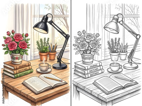 Cozy Study Desk with Lamp and Plants