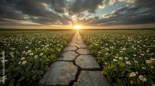 Flourishing Green Garden Emerging From A Cracked Stone Landscape