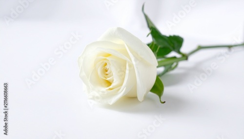 A single white rose with green leaves on a white background