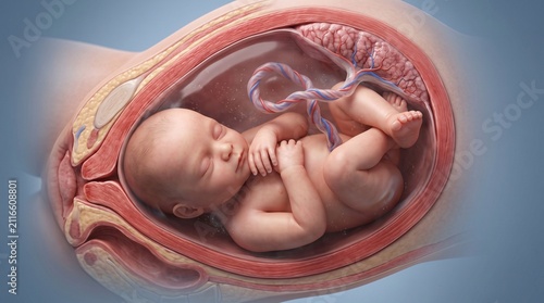 Human Fetus Inside Uterus Showing Advanced Prenatal Development Medical Three Dimensional Anatomy Illustration