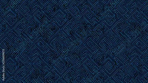 Deep teal seamless maze texture with fine angular pathways and compact geometric repetition, teal, maze, angular, pathways,