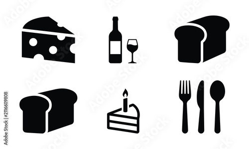 Set of black and white food and dining icons for web design