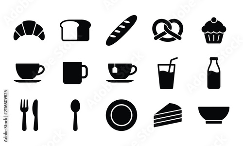 Set of black silhouette icons for bakery food and breakfast drinks