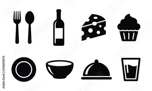 Set of black and white food and restaurant service icons