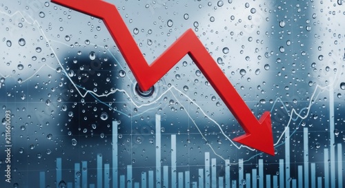 Red Downward Trend Arrow Over Rainy Financial Charts