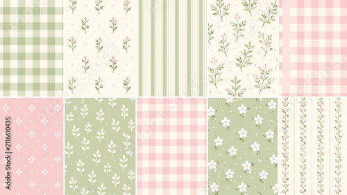 Pastel textile pattern collection with gingham, floral sprigs, green stripes, leafy motifs, and pink checks, textile, patterns,