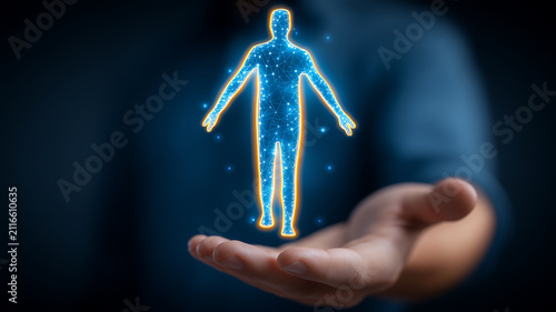 A hand supporting a digital human figure represents personal data protection and human centered technology services.
