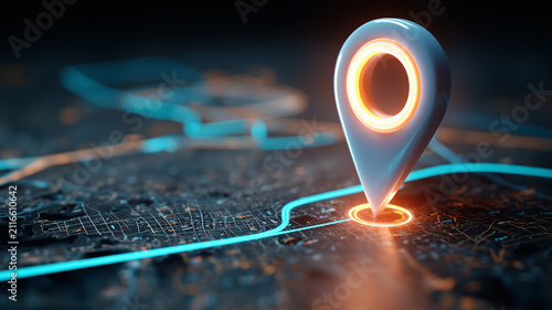 A location pin placed on a digital map represents route planning and real time logistics tracking.
