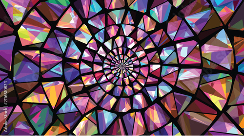 Kaleidoscope stained glass spiral intense purple pink and blue geometric light fragments.