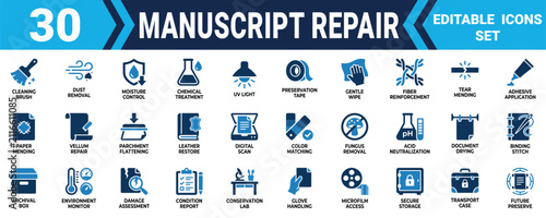 Konstfotografi Set of thirty manuscript repair and document conservation icons for museum and library archive work Minimal solid fill icon set bundle collection