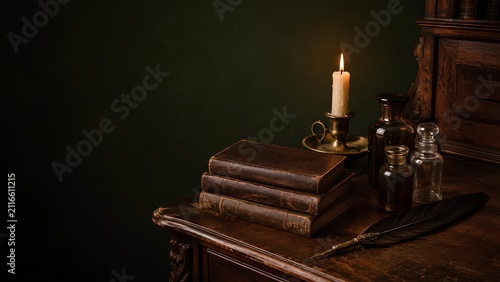 古びた机に置かれた古書とガラス瓶と蝋燭 / Old books, glass bottles and candle on worn wooden desk (Generative AI)
