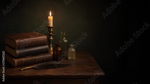 書斎の古い本と羽根ペンとキャンドル / Antique still life with old books, quill pen, and candle (Generative AI)