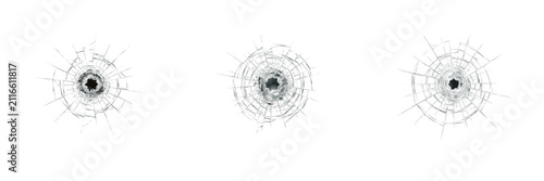 Realistic Bullet Hole Shattered Glass Isolated On White Background Set, Crack Impact And Shatter Effect, Sci-Fi Destruction And Damage PNG Elements For Commercial Design And Marketing