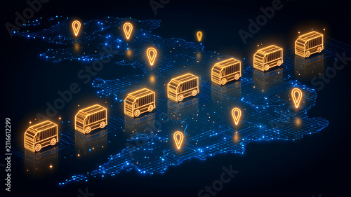 Delivery trucks and location pins arranged across a digital map represent regional distribution and fleet management.
