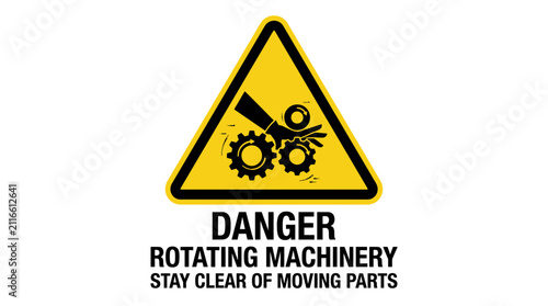 Yellow industrial danger warning sign for rotating machinery and moving parts hazard