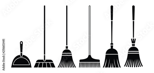 Quadro su tela Cleaning broom and dustpan icons with household sweeping tools and janitorial eq