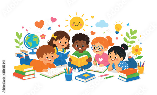 Children learning together with books, hearts, sun, pencils, diverse faces, and cheerful education symbols, children, learning,