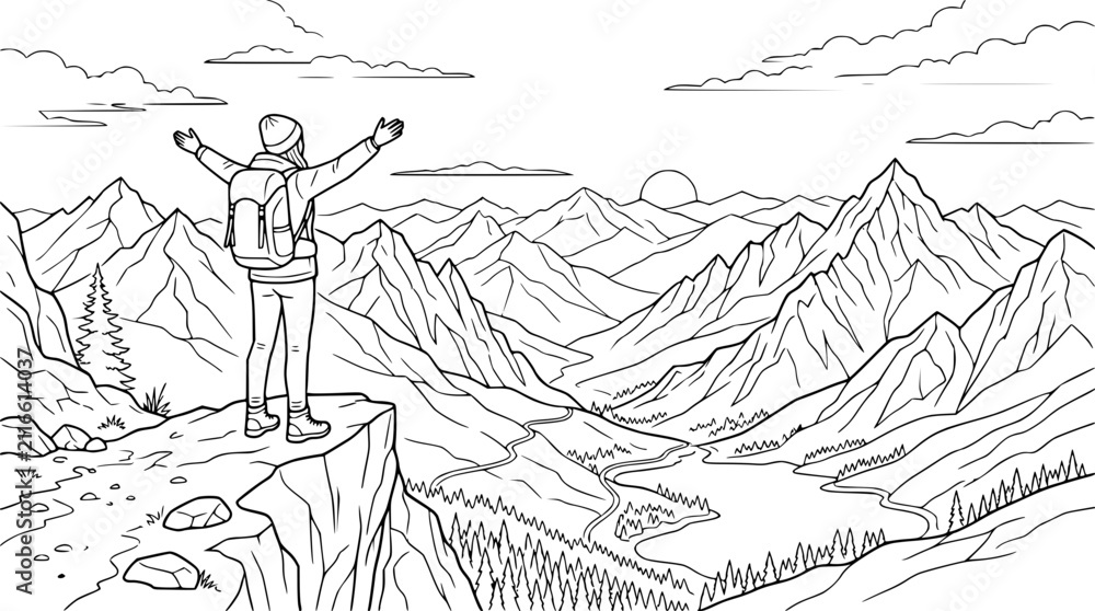 Fototapeta premium Female hiker with backpack celebrating achievement on mountain cliff summit line art illustration
