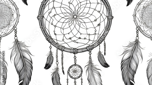 Monochromatic Dream Catcher Seamless Pattern. Hand-Drawn Boho Style with Feathers and Beads. Ethnic Spiritual Background Design.