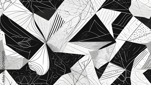 Dynamic Abstract Black and White Geometric Pattern Background. Modern Polygonal Design with Textured Triangles and Lines