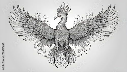 Elegant Detailed Grayscale Drawing of a Mythical Phoenix Bird with Spread Wings, Intricate Feathers, and Ornate Tail. Fantasy Illustration.