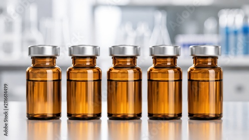 Five amber glass vials with silver caps lined up in a laboratory setting
