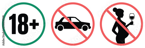 Bild auf Leinwand Safety warning icons with age restriction, vehicle prohibition, pregnancy alcoho