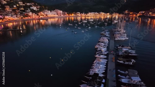 aerial view of Port Soller harbour at night, Mallorca at summer, Spain