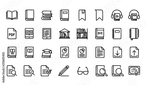 Book and Reading Thin Line Icon Set with Open Book PDF Audiobook Bookmark and Editable Stroke Vector