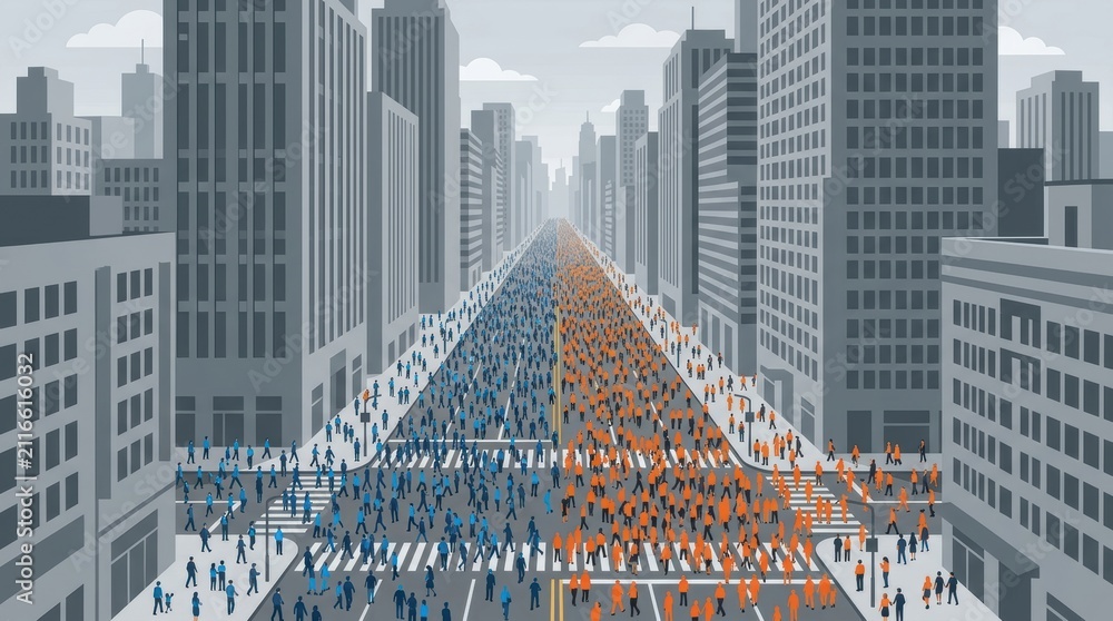 Fototapeta premium Massive crowd of people in blue and orange filling a city street