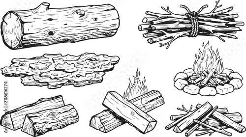 Hand drawn set of firewood logs and a small campfire with flames in a sketch style