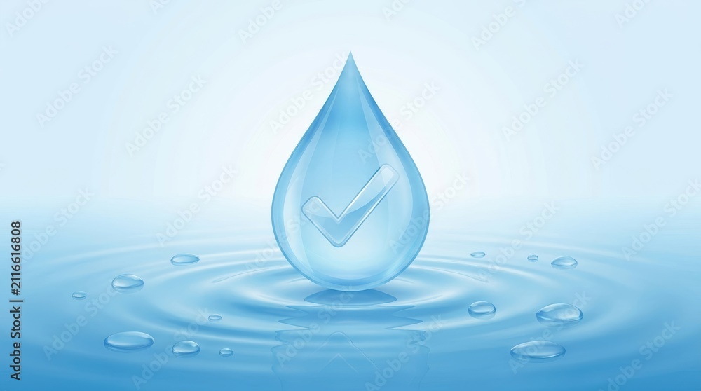Fototapeta premium Pure water drop with checkmark symbol on rippling surface
