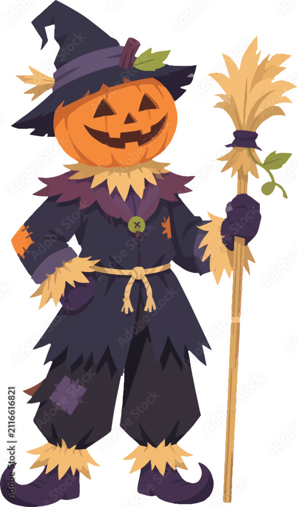 Fototapeta premium pumpkin scarecrow holding straw staff, three-quarter view full body, autumn decorative vector illustration